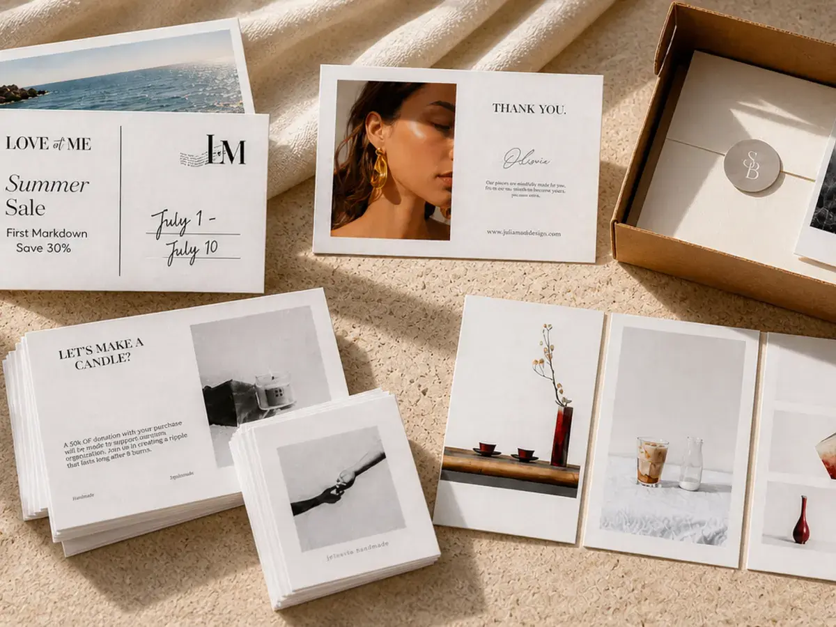 Postcards and photo cards spread on a linen cloth beside a box of prints