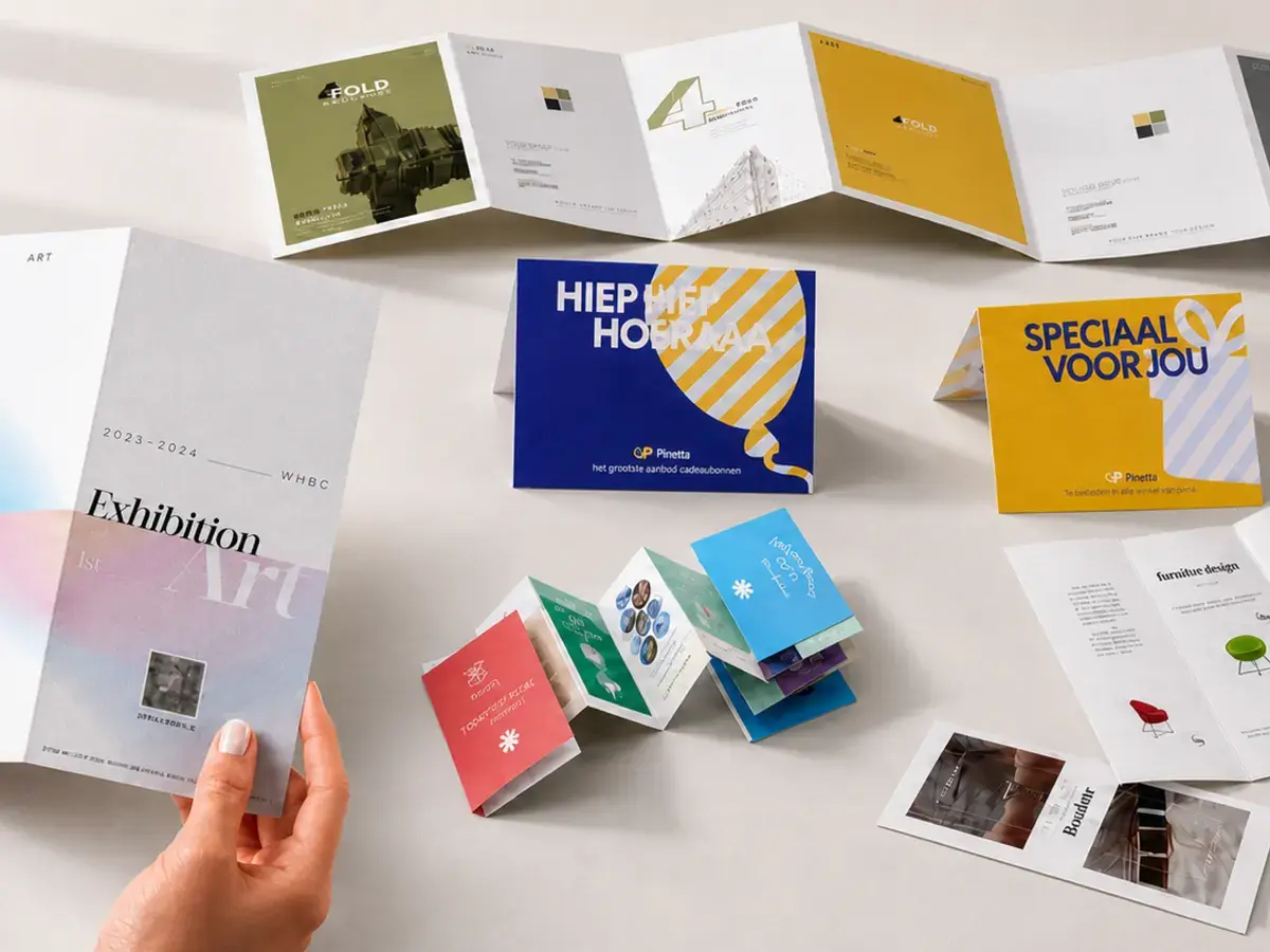 Folded brochures spread on a white table, one held open in two hands