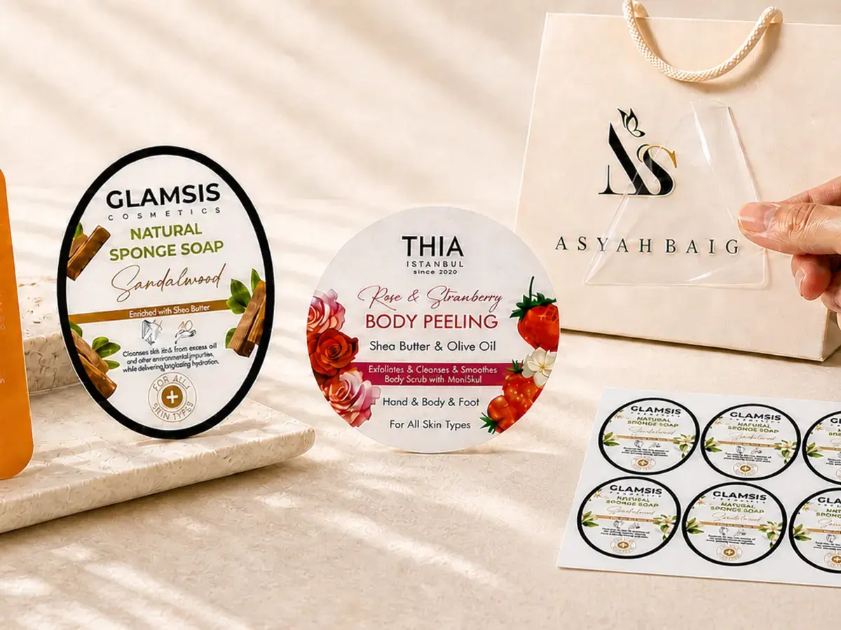 Product labels on a soap bar and a jar, a kiss-cut sheet of round labels and a clear sticker on a paper bag